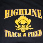 Black T-shirt with yellow and white text reading "HIGHLINE TRACK & FIELD" above and below a skull and crossed swords logo—perfect for pairing with your favorite hats or jerseys. Rain City West