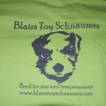 A lime green t-shirt with "Blairs Toy Schnauzers" text, a screen-printed dog’s face graphic, and the website blairstoyschnauzers.com. Rain City West