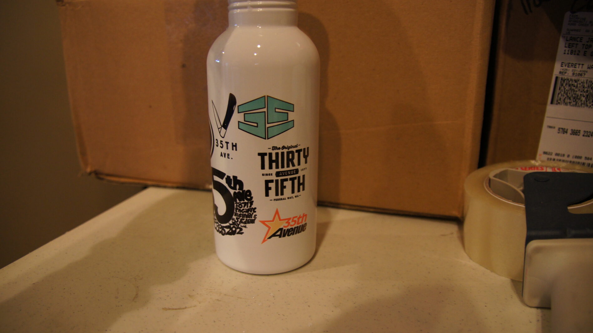 Other side of the 35th Ave water bottle.