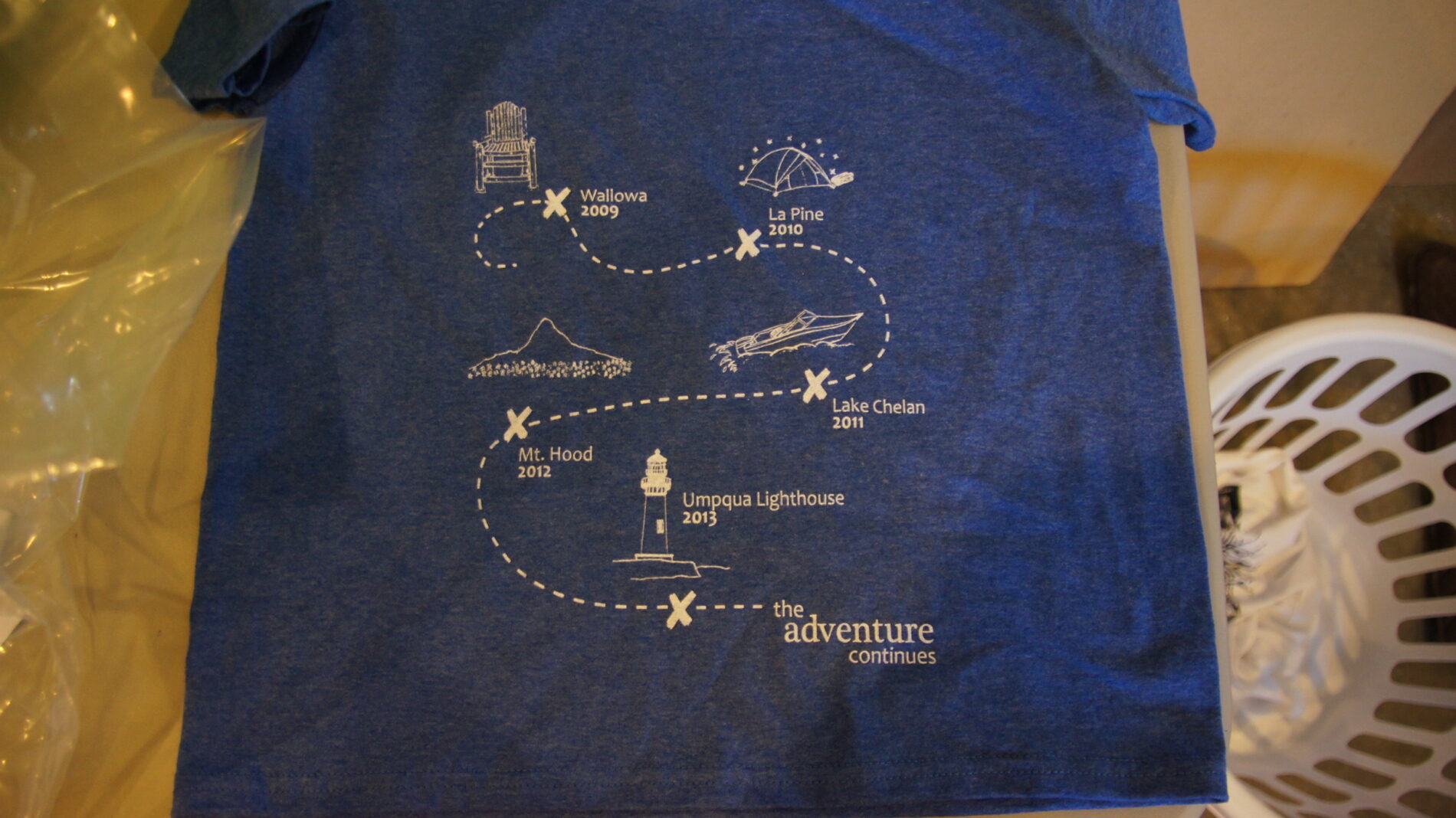 Screen printed map on a t-shirt showing the family reunion trip.