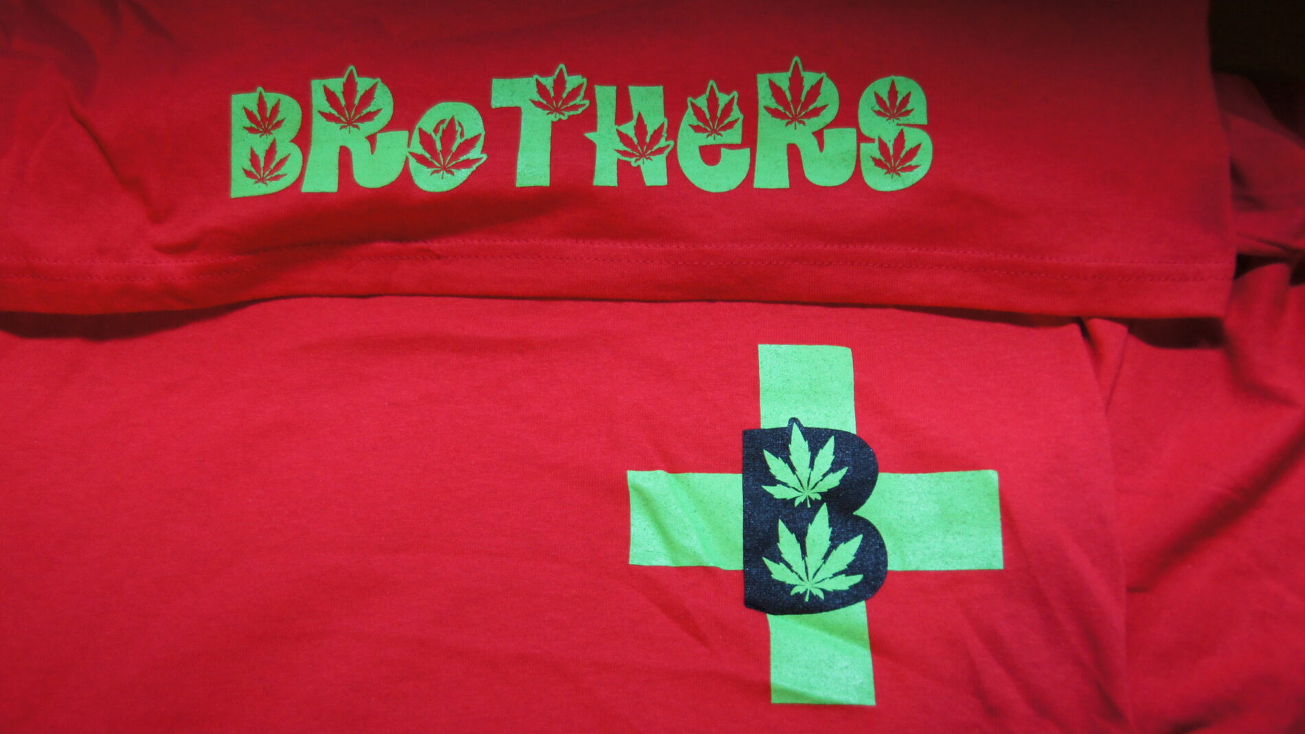 Brother's Cannabis Club screen printed t-shirt 1-color front and 2-color back.