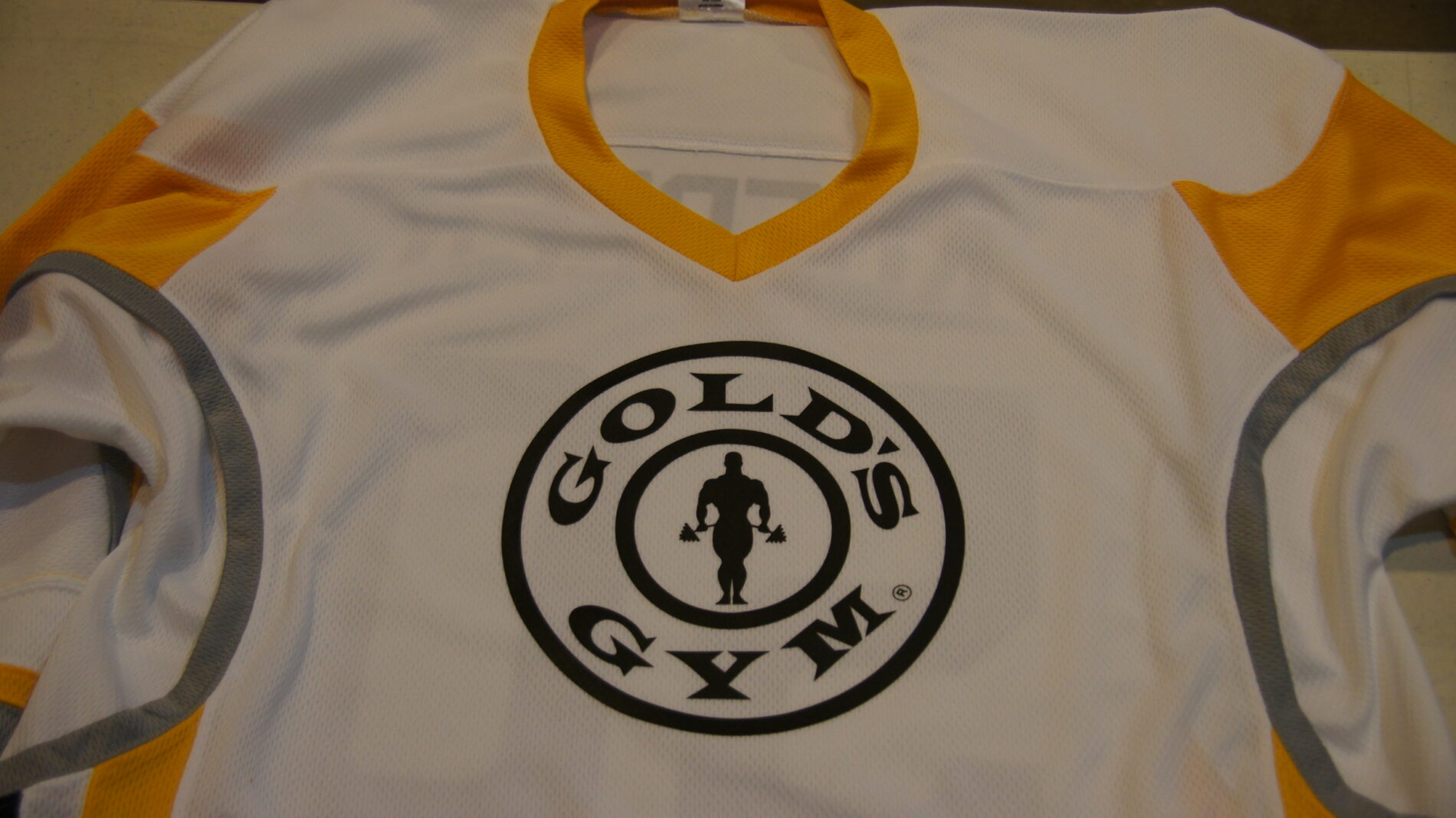 One color screen printed hockey jersey for Gold's Gym.