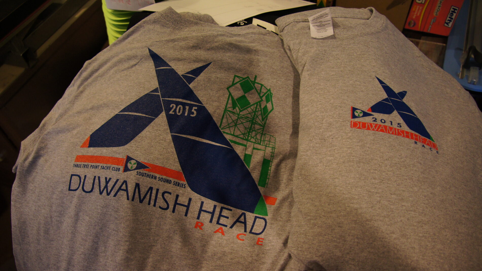 3-color front and back screen printed t-shirts for the Three Tree Yacht Club. We wish them well in the Duwamish Head Race