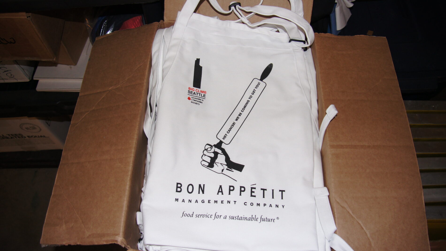 Heart climb aprons for Team Bon Appetit