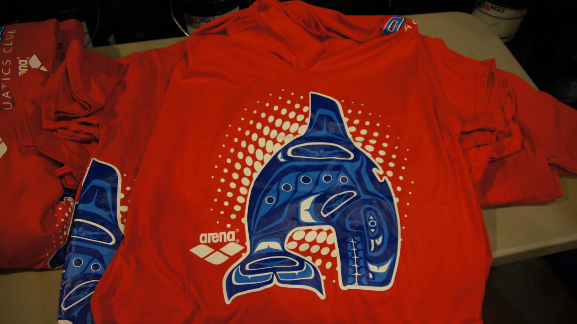 screen printed t-shirt of native american whale