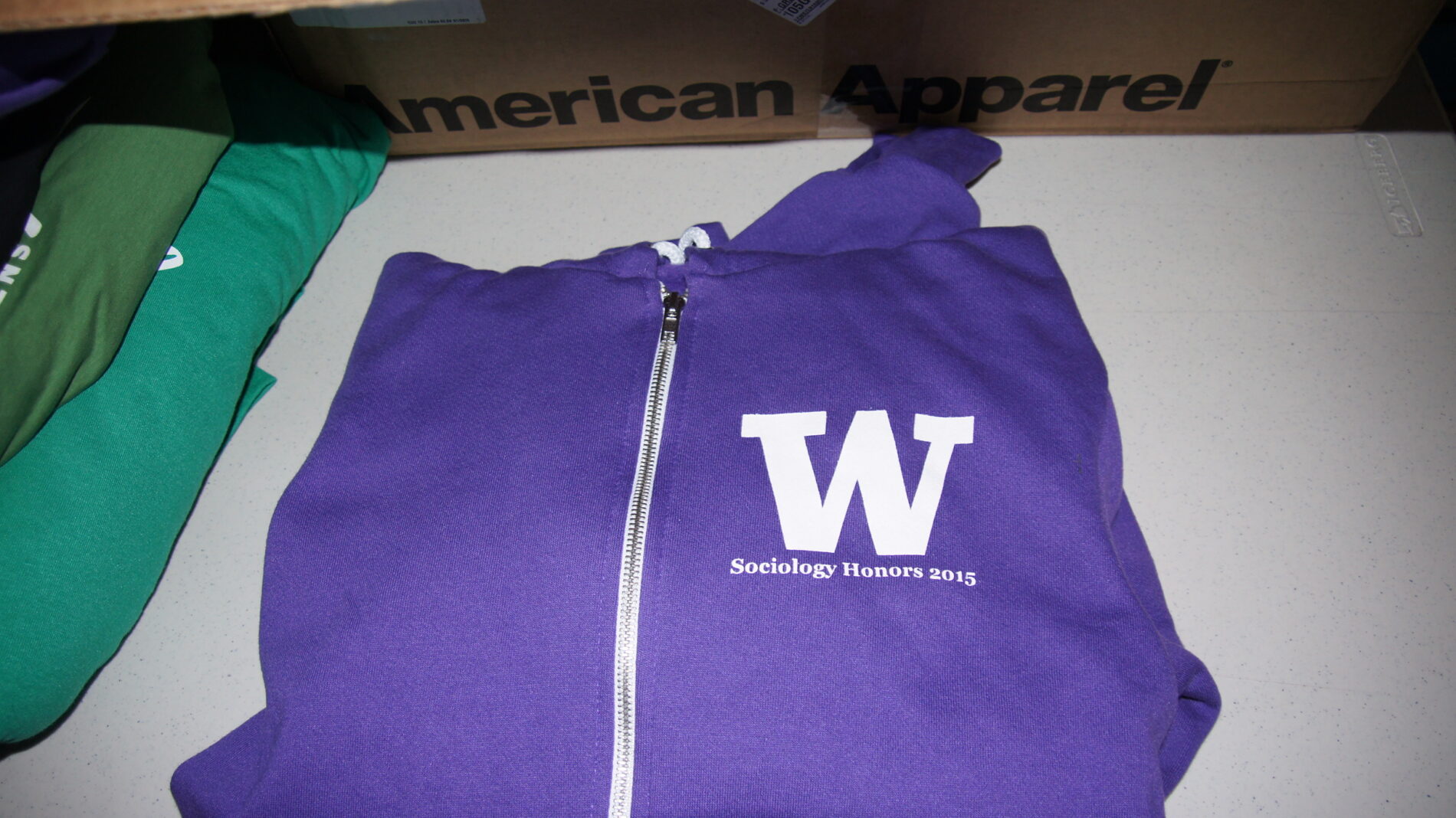 UW screen printed zip hoodie for UW Sociology Honors of 2015.