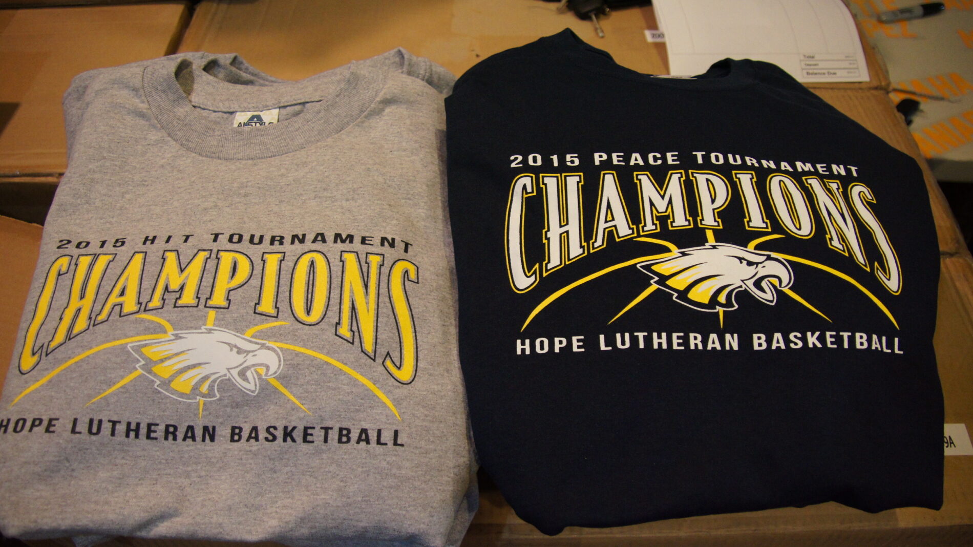 3-color screen printed t-shirts for Hope Lutheran Basketball teams.