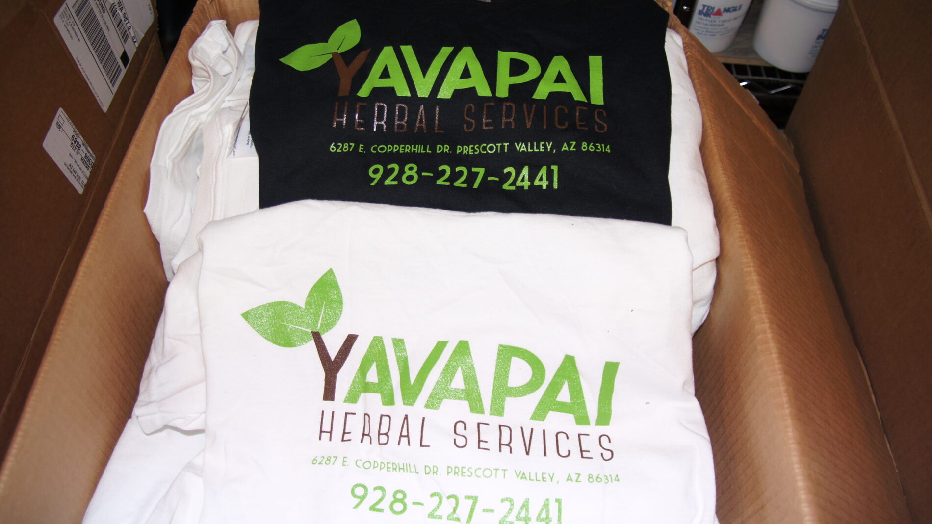2-color screen print on black and white t-shirts for Yavapai Herbal Services