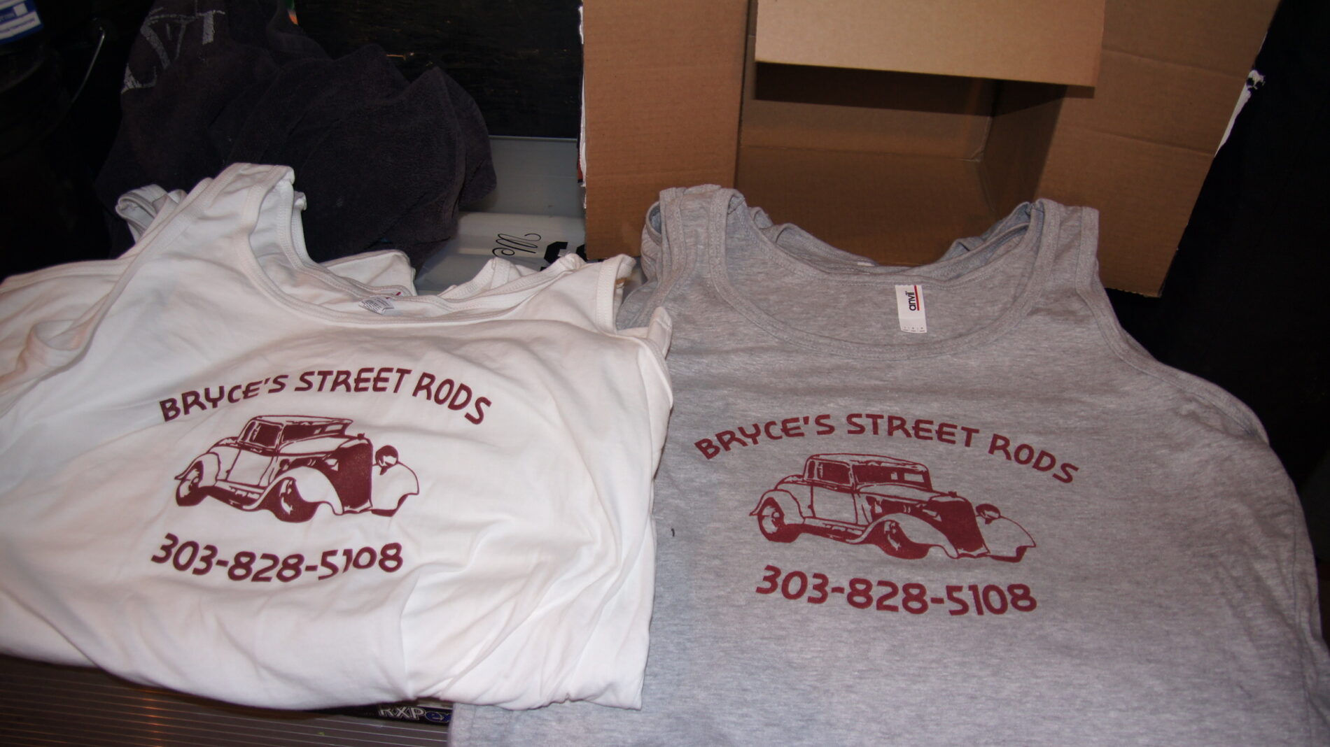 1-color screen printed tank tops for Bryce's Street Rods.