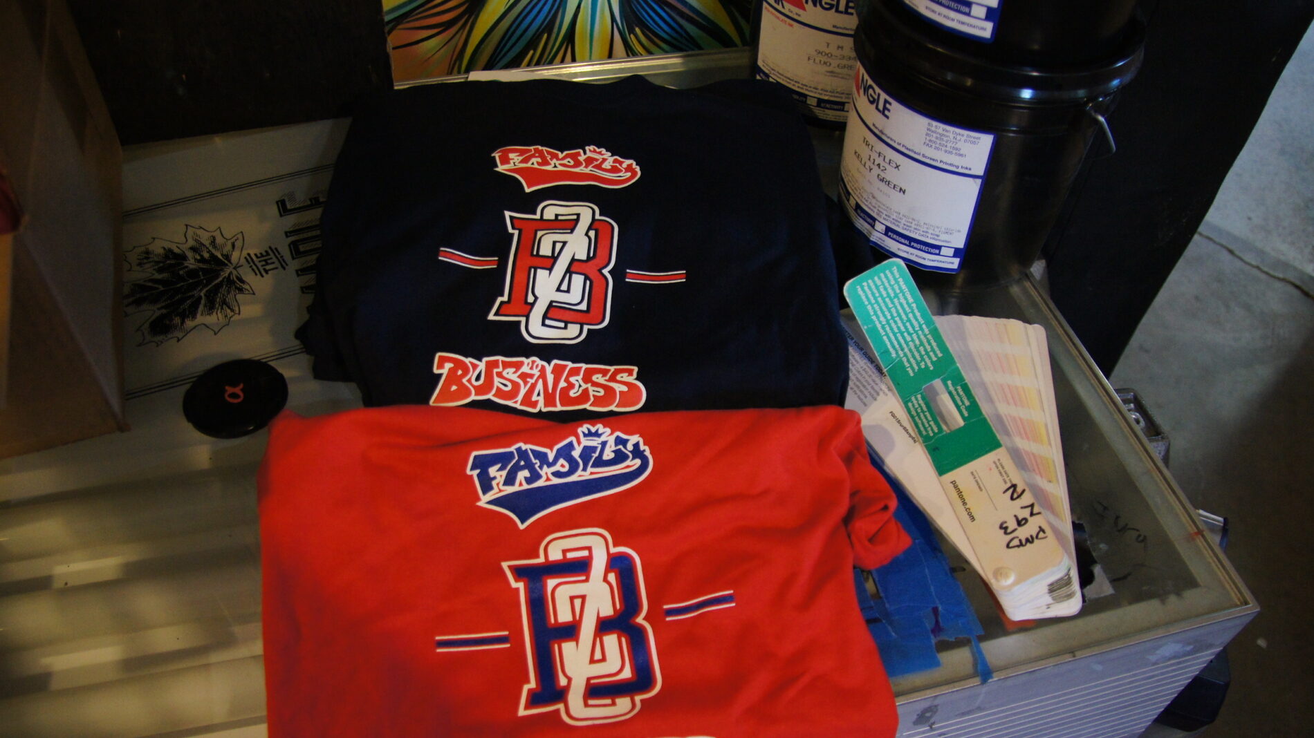 2-color screen print in two different color ways for adult softball league - Family Business.