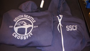 Screen printed navy zip up hoodie for South Seattle CrossFit.
