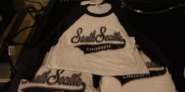 Baseball raglan style t-shirts screen printed for South Seattle CrossFit.