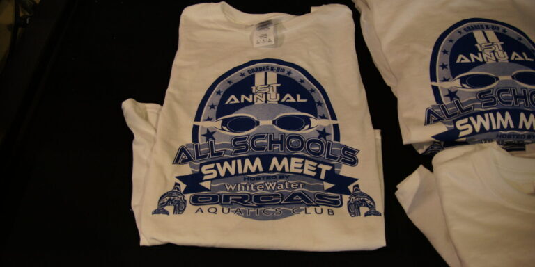 Screen printed t-shirts to celebrate White Water Aquatics Club's first annual All Schools Swim Meet.