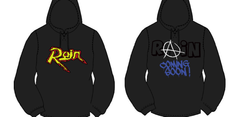 Two black hoodies: the "Rain" logo in a rock style, labeled "ROCK," and an anarchy symbol with "RAIN COMING SOON!" text, labeled "PUNK." Perfect for twins who want to show off their love of punk and rock. Rain City West